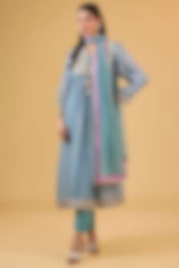 Blue & Fuchsia Organza Sequins Work Kurta Set by Kisneel by Pam at Pernia's Pop Up Shop