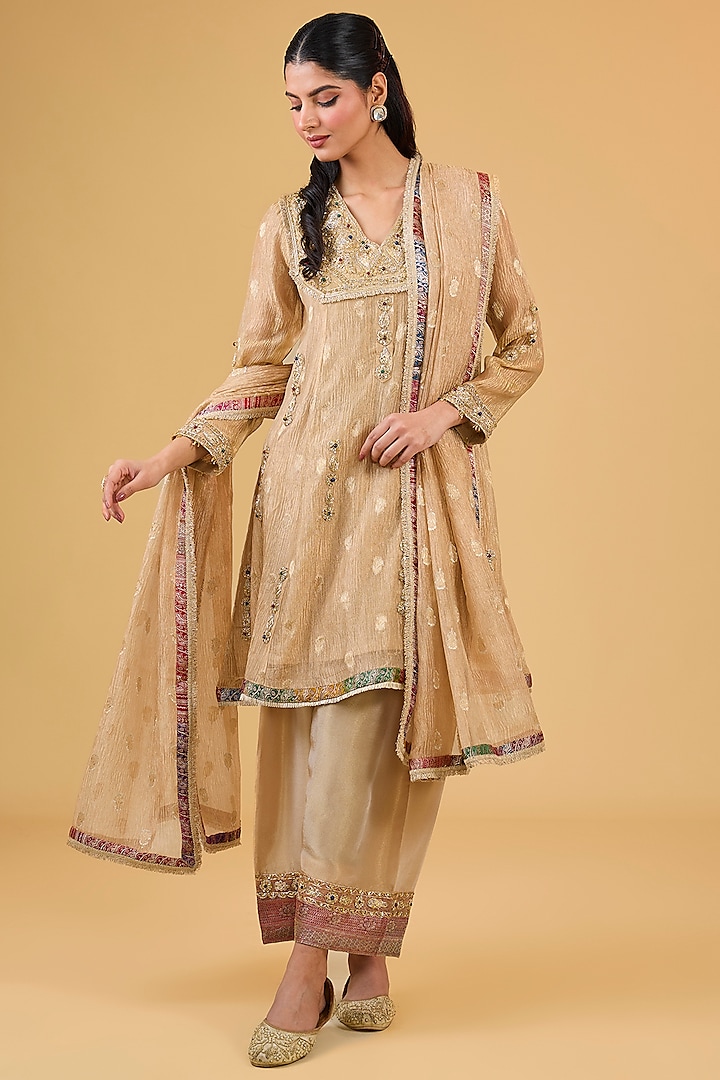 Gold Pure Tissue Hand Embroidered Kurta Set by Kisneel by Pam at Pernia's Pop Up Shop