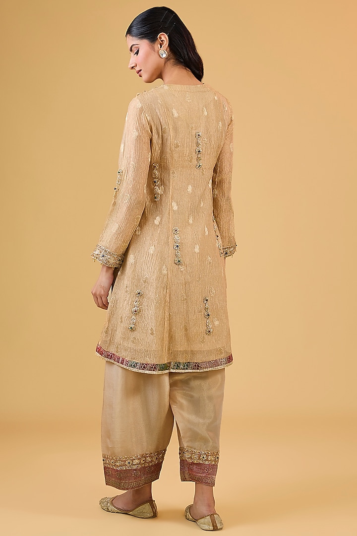 Gold Pure Tissue Hand Embroidered Kurta Set by Kisneel by Pam at Pernia's Pop Up Shop