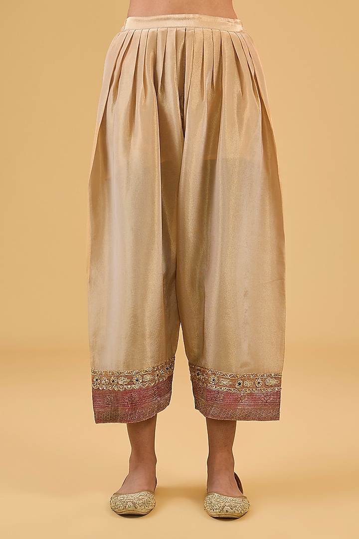 Gold Pure Tissue Hand Embroidered Kurta Set by Kisneel by Pam at Pernia's Pop Up Shop