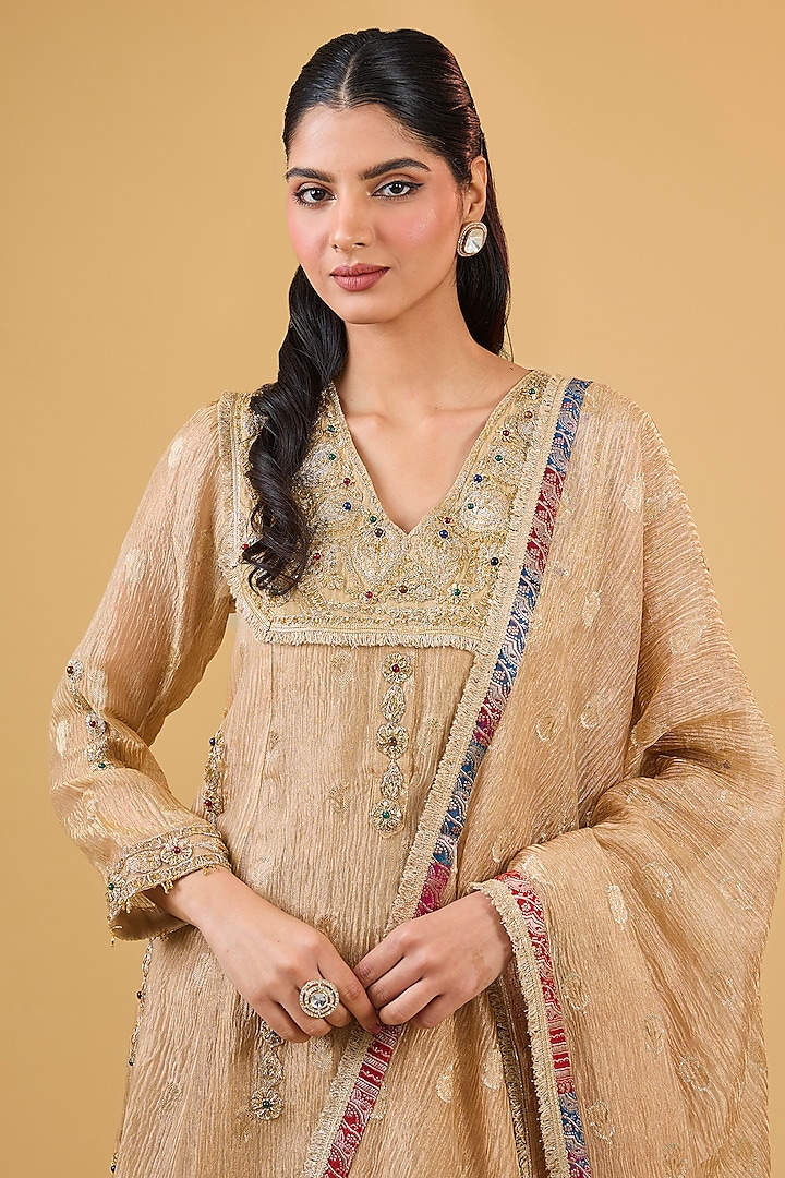 Gold Pure Tissue Hand Embroidered Kurta Set by Kisneel by Pam at Pernia's Pop Up Shop