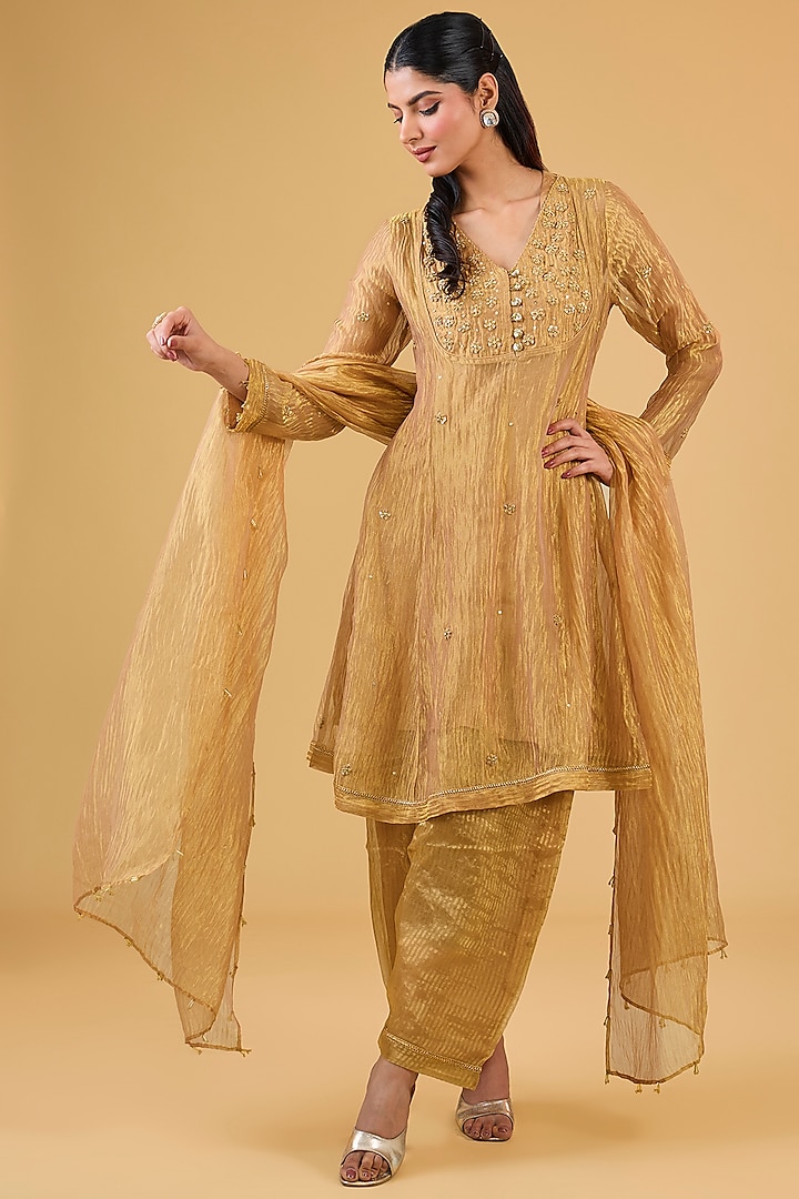 Gold Pure Tissue Hand Embroidered Kurta Set by Kisneel by Pam at Pernia's Pop Up Shop