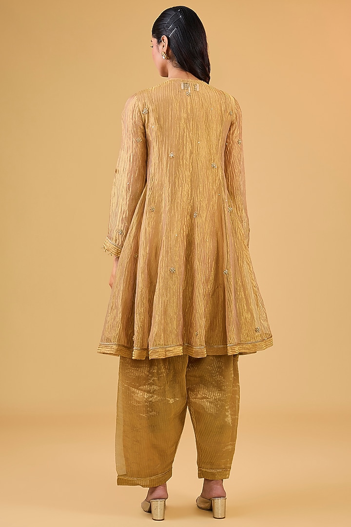 Gold Pure Tissue Hand Embroidered Kurta Set by Kisneel by Pam at Pernia's Pop Up Shop
