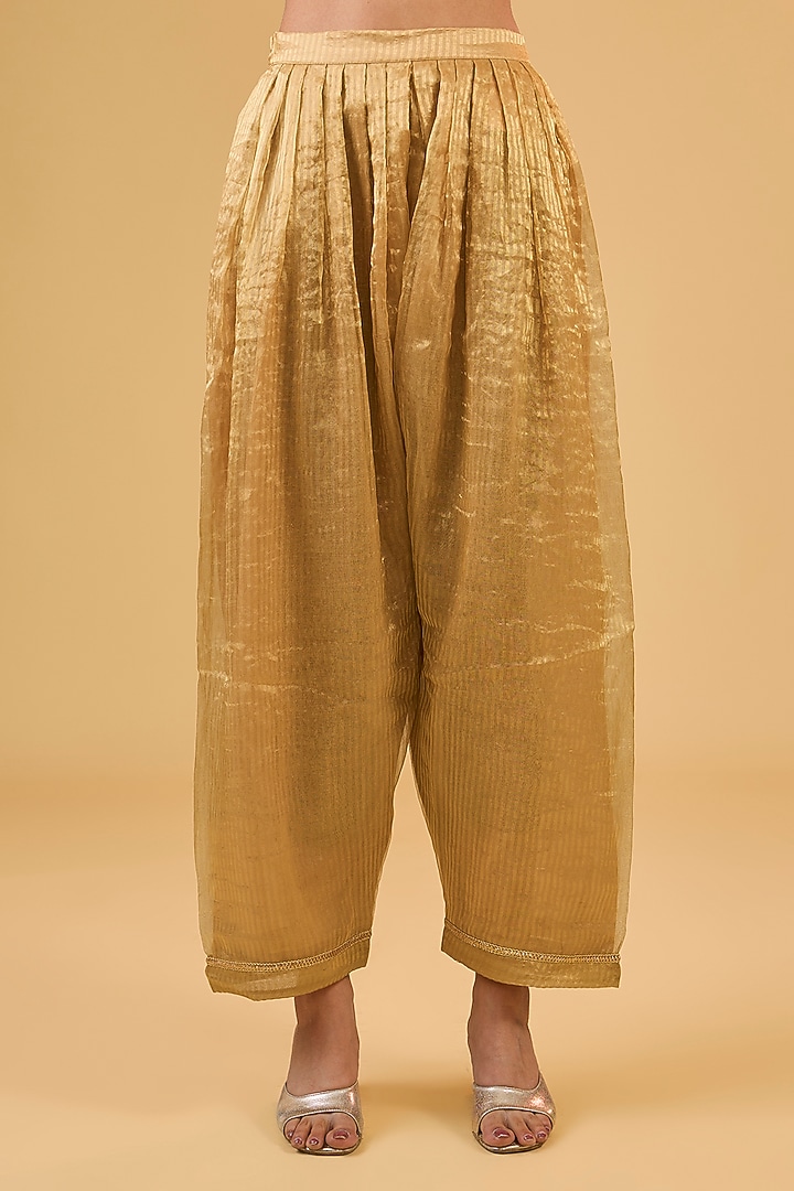 Gold Pure Tissue Hand Embroidered Kurta Set by Kisneel by Pam at Pernia's Pop Up Shop