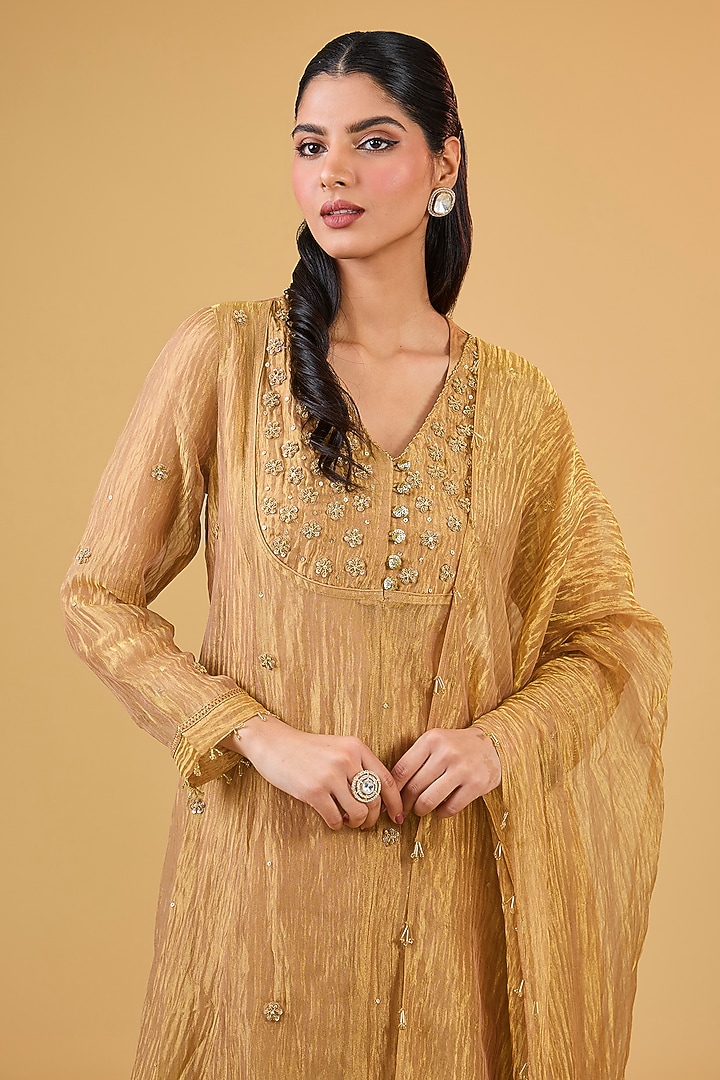 Gold Pure Tissue Hand Embroidered Kurta Set by Kisneel by Pam at Pernia's Pop Up Shop