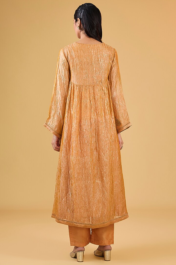 Orange Pure Tissue Hand Embroidered Kurta Set by Kisneel by Pam at Pernia's Pop Up Shop