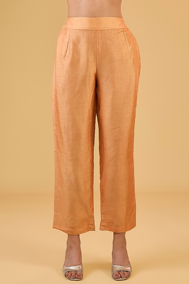Orange Pure Tissue Hand Embroidered Kurta Set by Kisneel by Pam at Pernia's Pop Up Shop