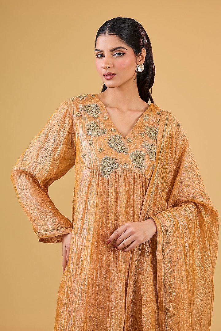 Orange Pure Tissue Hand Embroidered Kurta Set by Kisneel by Pam at Pernia's Pop Up Shop