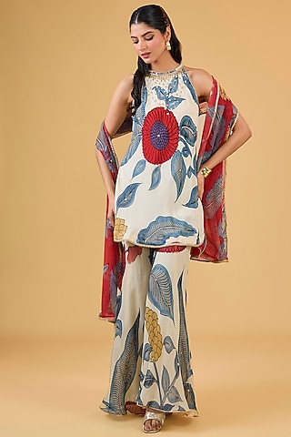 Multi-Colored Synthetic Digital Printed Gharara Set by Kisneel by Pam
