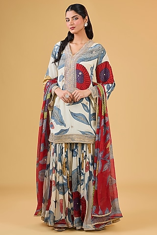 Multi-Colored Synthetic Digital Printed Gharara Set by Kisneel by Pam