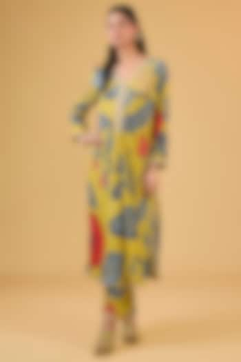 Mustard Synthetic Digital Printed A-Line Kurta Set by Kisneel by Pam at Pernia's Pop Up Shop