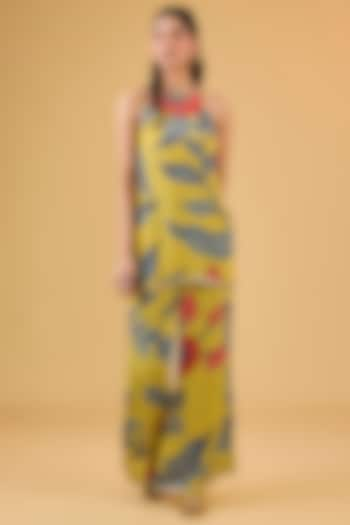 Mustard Synthetic Digital Printed Halter Kurta Set by Kisneel by Pam at Pernia's Pop Up Shop