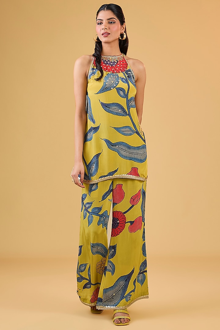 Mustard Synthetic Digital Printed Halter Kurta Set by Kisneel by Pam at Pernia's Pop Up Shop