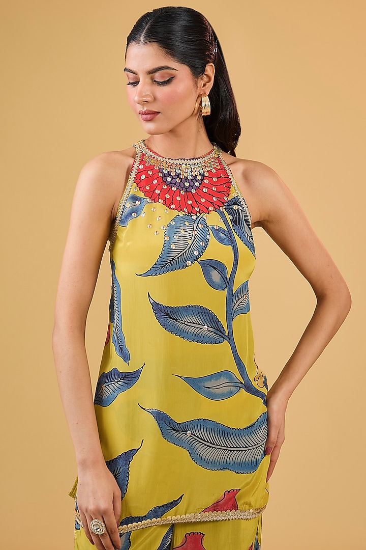 Mustard Synthetic Digital Printed Halter Kurta Set by Kisneel by Pam at Pernia's Pop Up Shop
