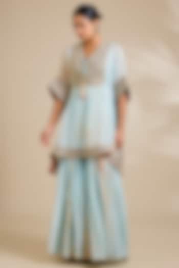 Aqua & Rust Organza Foil Tie-Dyed Gharara Set by Kisneel by Pam at Pernia's Pop Up Shop