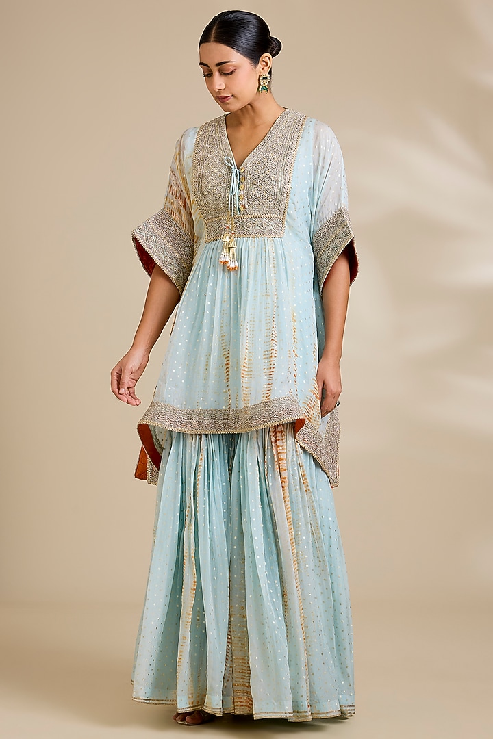 Aqua & Rust Organza Foil Tie-Dyed Gharara Set by Kisneel by Pam at Pernia's Pop Up Shop