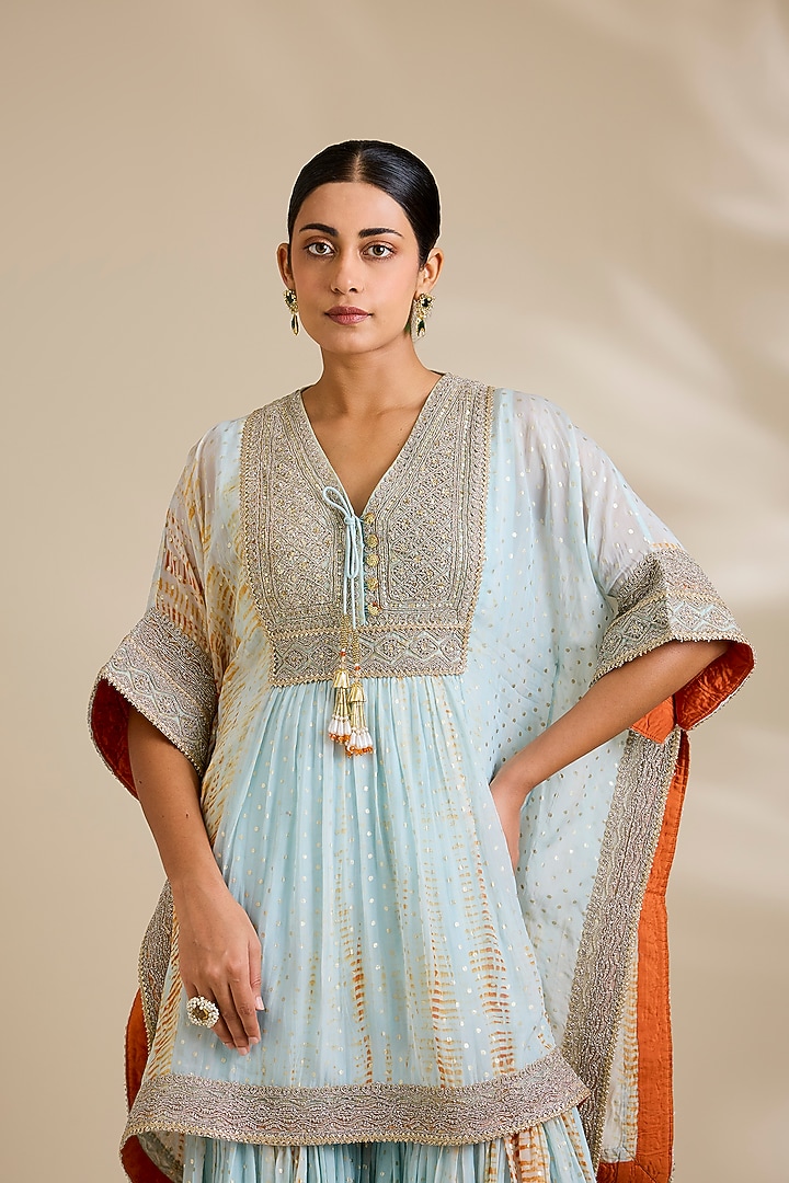 Aqua & Rust Organza Foil Tie-Dyed Gharara Set by Kisneel by Pam at Pernia's Pop Up Shop