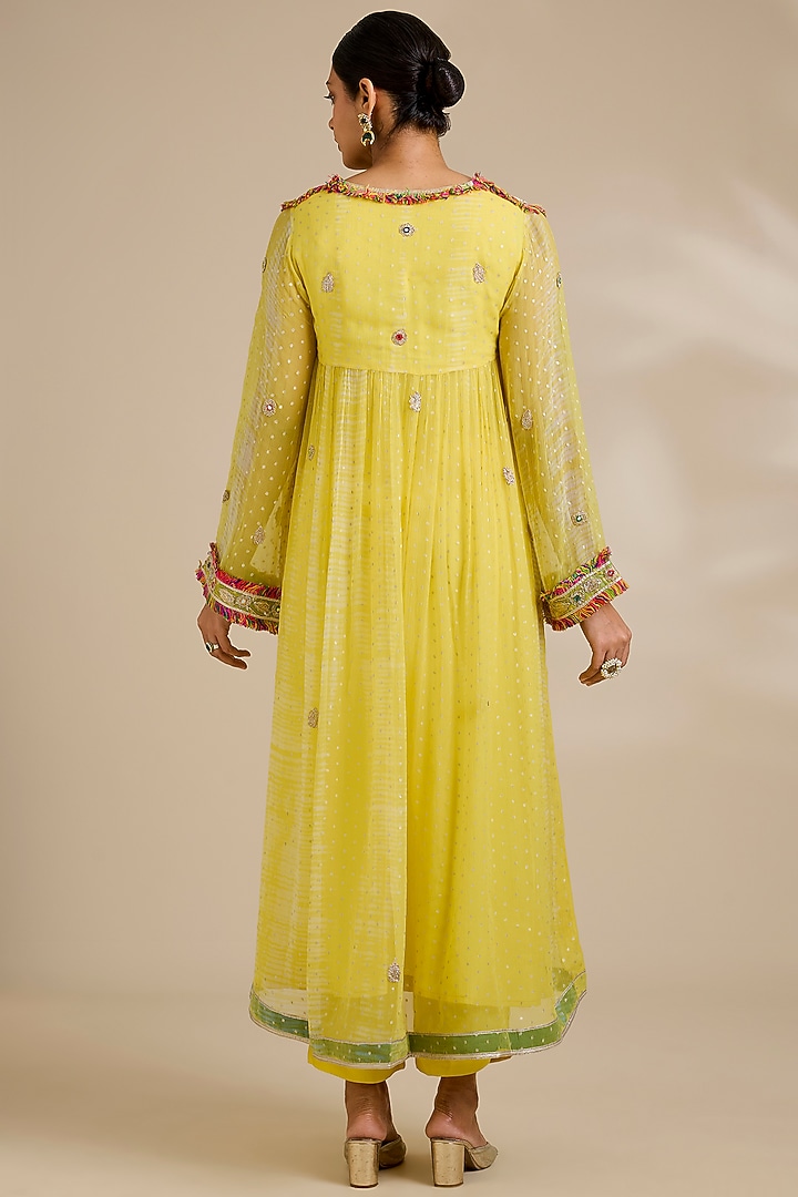 Yellow Chiffon Mirror Embroidered & Tie-Dyed Kurta Set by Kisneel by Pam at Pernia's Pop Up Shop