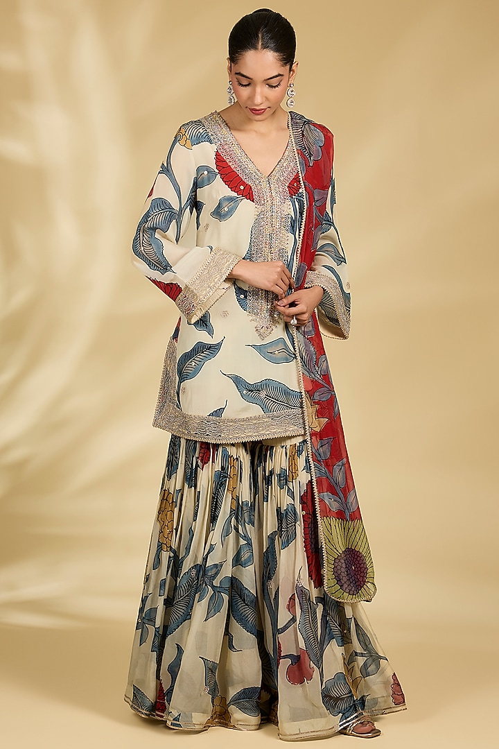 Ivory Organza Kalamkari Printed Gharara Set by Kisneel by Pam at Pernia's Pop Up Shop