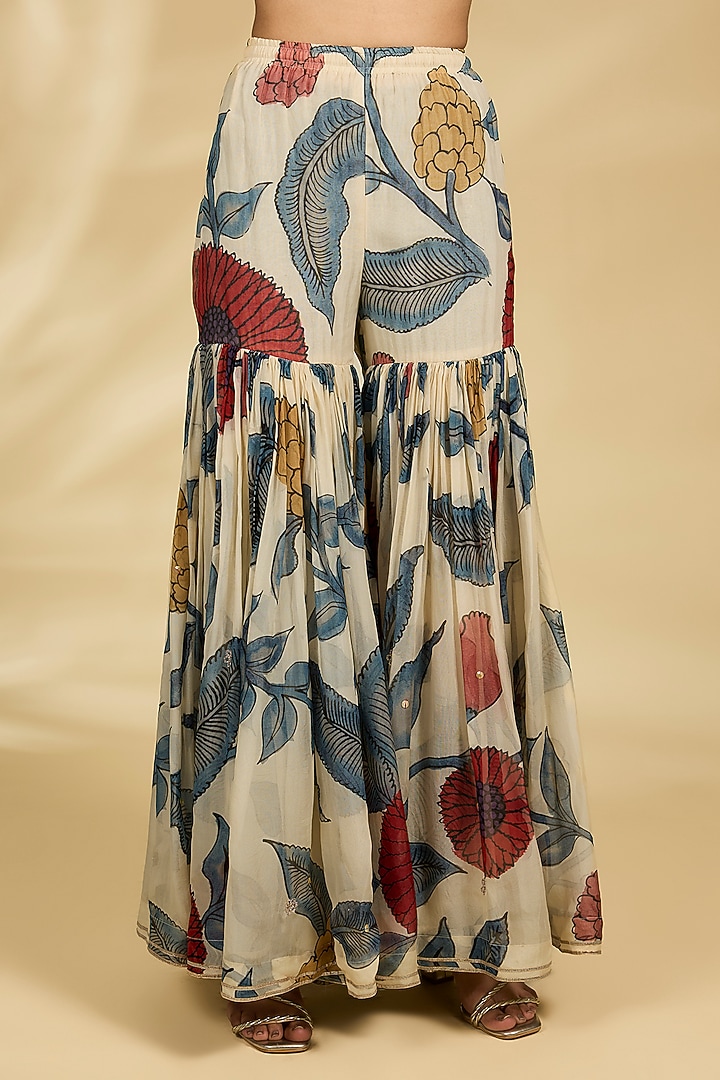 Ivory Organza Kalamkari Printed Gharara Set by Kisneel by Pam at Pernia's Pop Up Shop