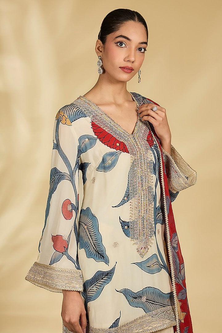 Ivory Organza Kalamkari Printed Gharara Set by Kisneel by Pam at Pernia's Pop Up Shop