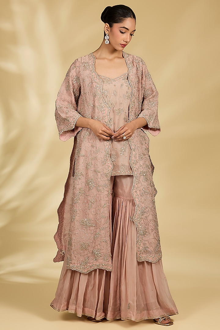 Rose Pink Organza Jaal Work Wedding Sharara Set by Kisneel by Pam at Pernia's Pop Up Shop