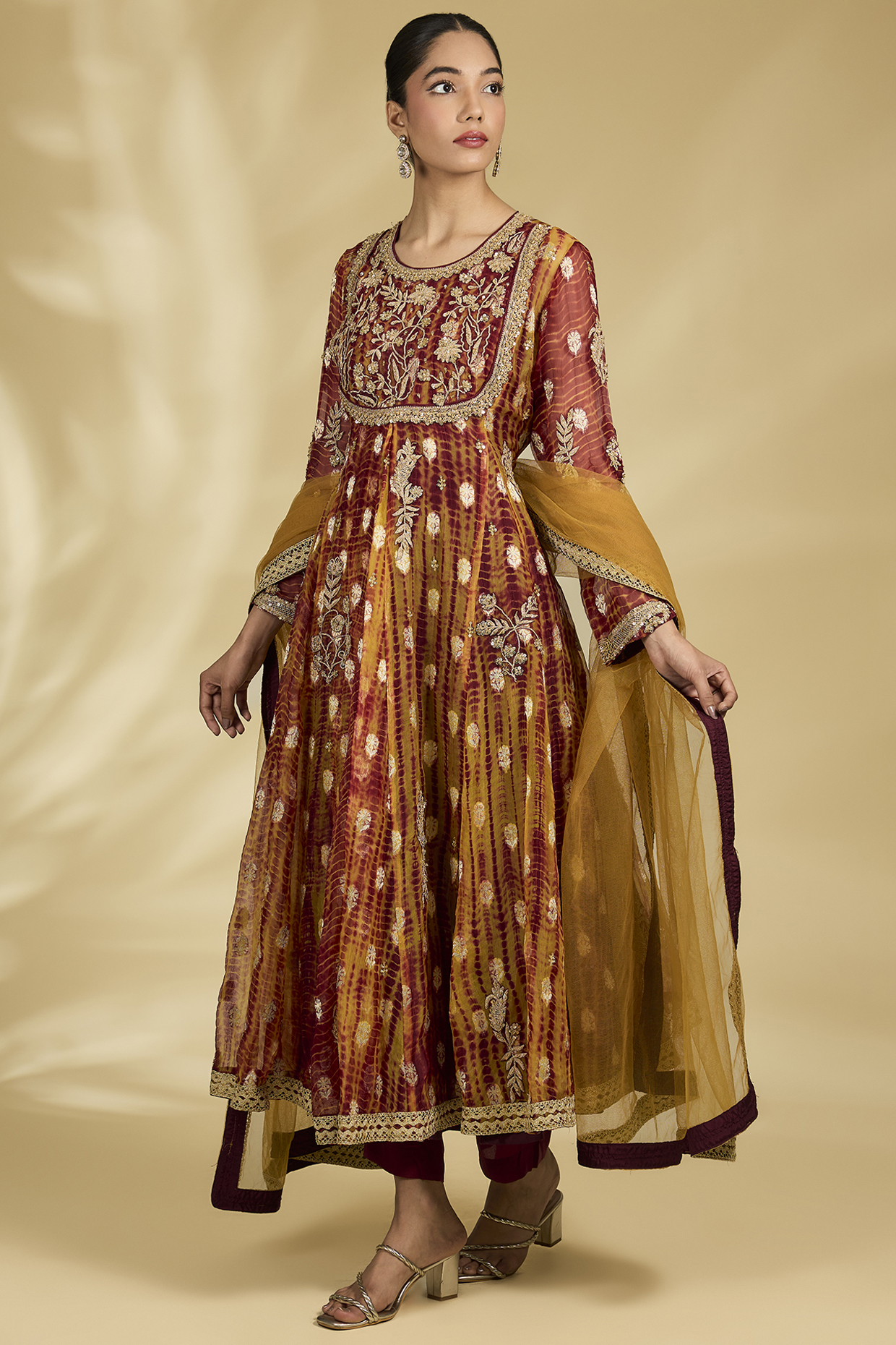 Maroon Banarasi Dabka Work Wedding Anarkali Set by Kisneel by Pam at Pernia's Pop Up Shop