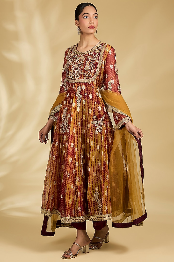 Maroon Banarasi Dabka Work Wedding Anarkali Set by Kisneel by Pam at Pernia's Pop Up Shop