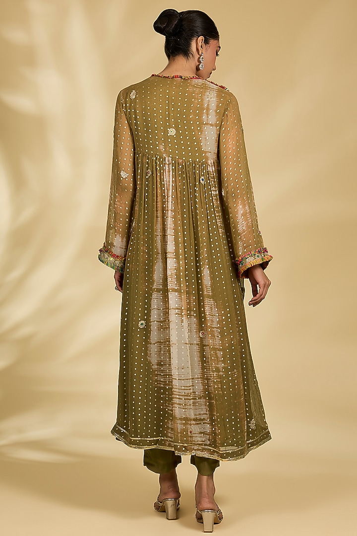 Olive Green Chiffon Tie-Dyed Kurta Set by Kisneel by Pam at Pernia's Pop Up Shop