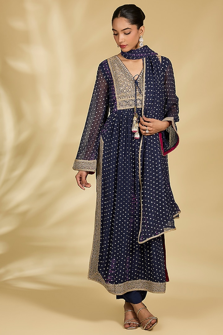 Navy Blue Chiffon Foil Kurta Set by Kisneel by Pam at Pernia's Pop Up Shop