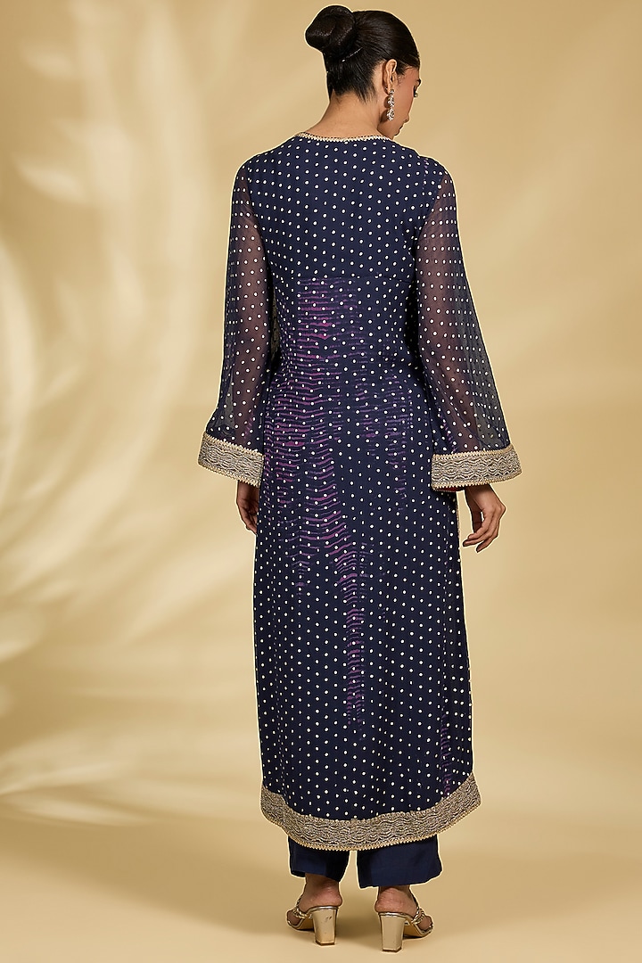 Navy Blue Chiffon Foil Kurta Set by Kisneel by Pam at Pernia's Pop Up Shop