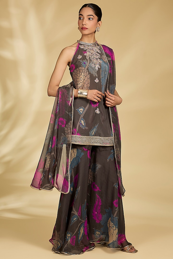Charcoal Viscose Kalamkari Gharara Set by Kisneel by Pam at Pernia's Pop Up Shop