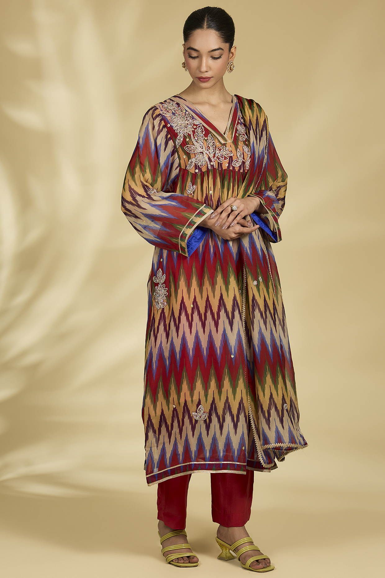 Red Viscose Ikkat Printed Kurta Set by Kisneel by Pam at Pernia's Pop Up Shop
