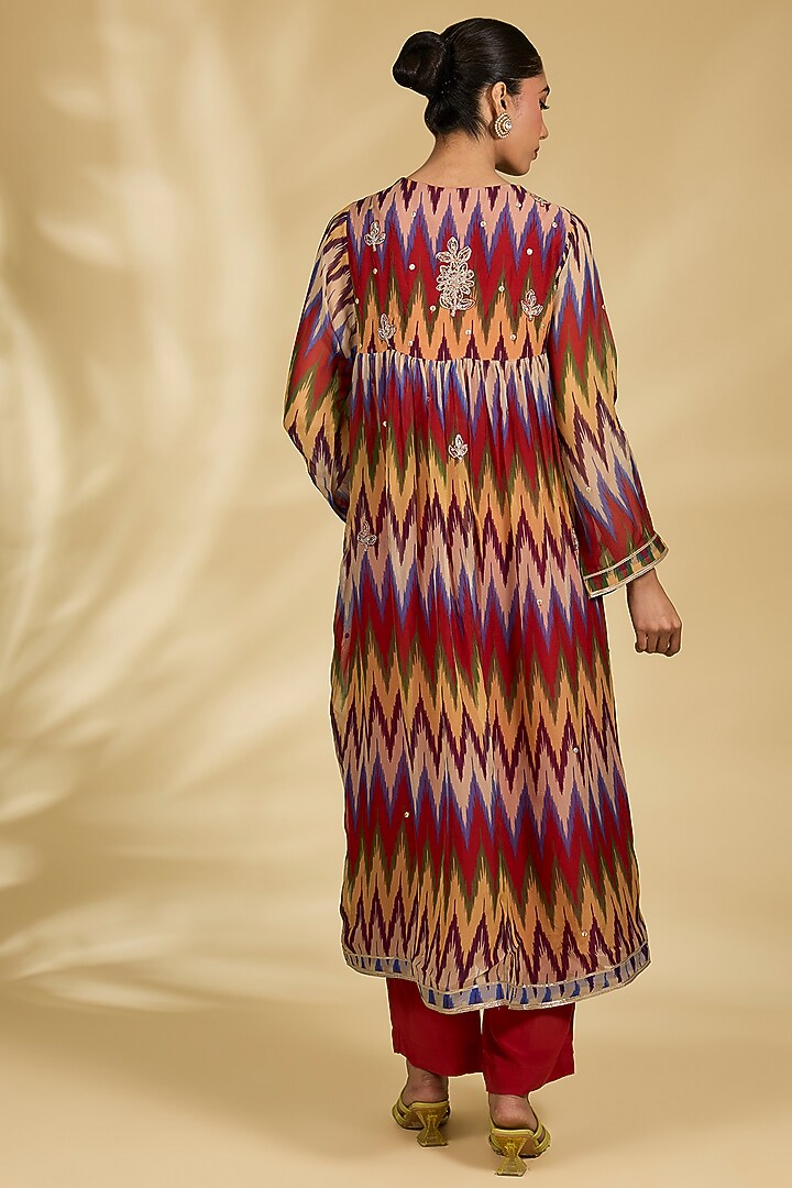Red Viscose Ikkat Printed Kurta Set by Kisneel by Pam at Pernia's Pop Up Shop