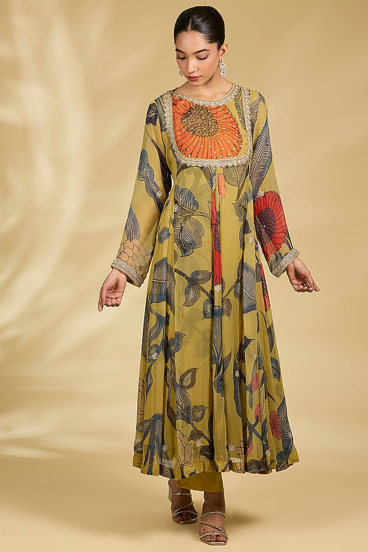 Mustard Chiffon Kalamkari Printed Wedding Anarkali Set by Kisneel by Pam at Pernia's Pop Up Shop