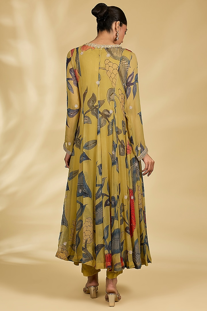 Mustard Chiffon Kalamkari Printed Wedding Anarkali Set by Kisneel by Pam at Pernia's Pop Up Shop