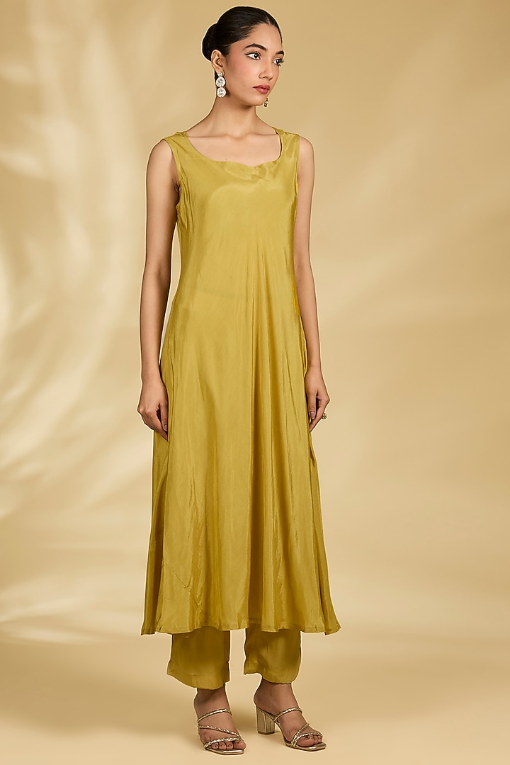 Mustard Chiffon Kalamkari Printed Wedding Anarkali Set by Kisneel by Pam at Pernia's Pop Up Shop