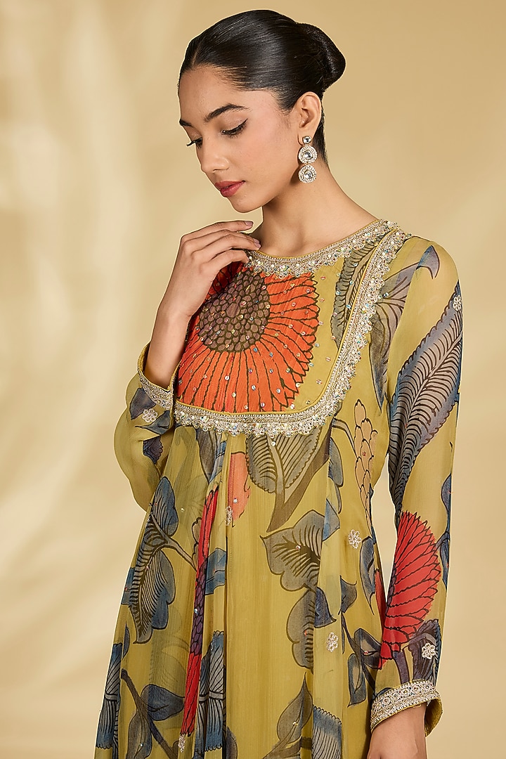 Mustard Chiffon Kalamkari Printed Wedding Anarkali Set by Kisneel by Pam at Pernia's Pop Up Shop