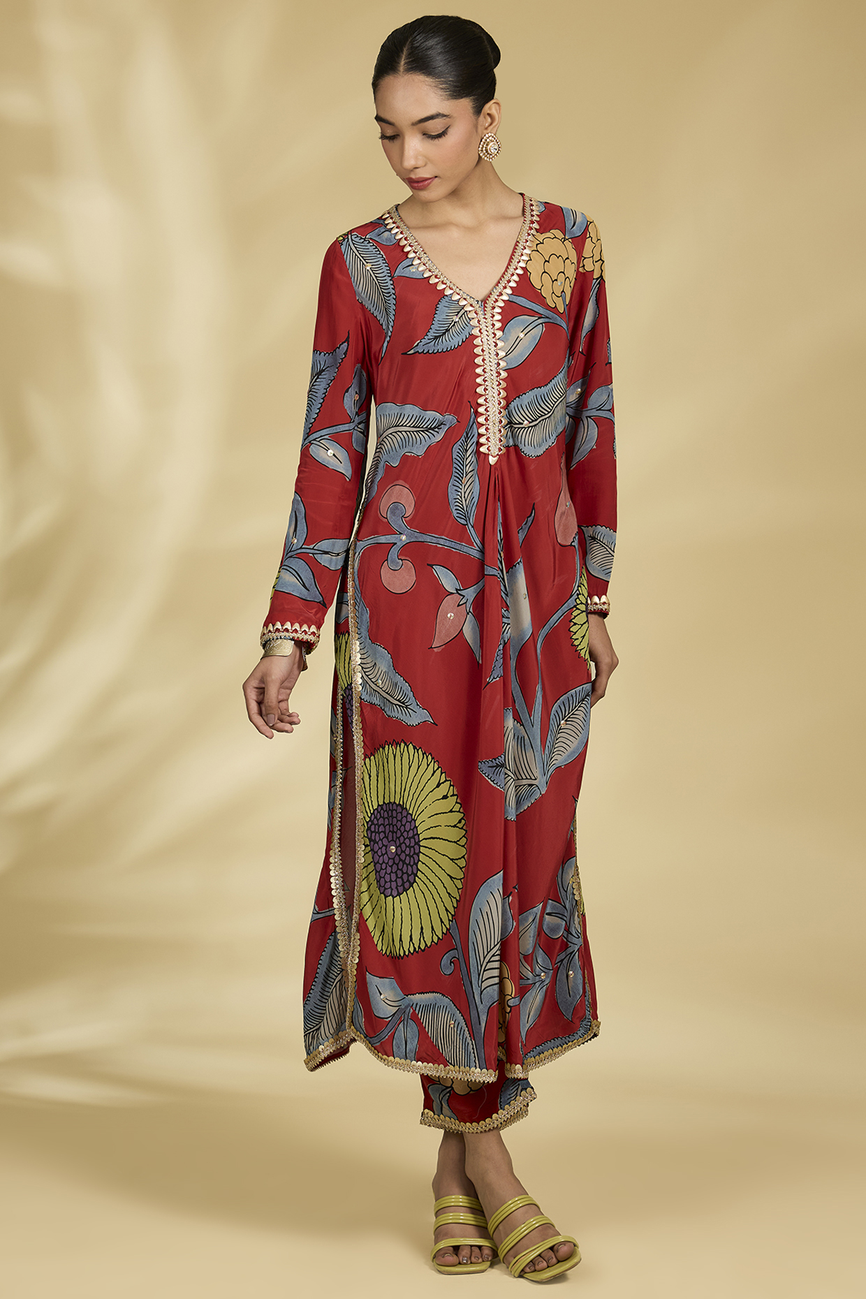 Red Viscose Kalamkari Printed A-Line Kurta Set by Kisneel by Pam at Pernia's Pop Up Shop