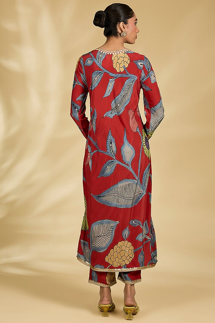 Red Viscose Kalamkari Printed A-Line Kurta Set by Kisneel by Pam at Pernia's Pop Up Shop