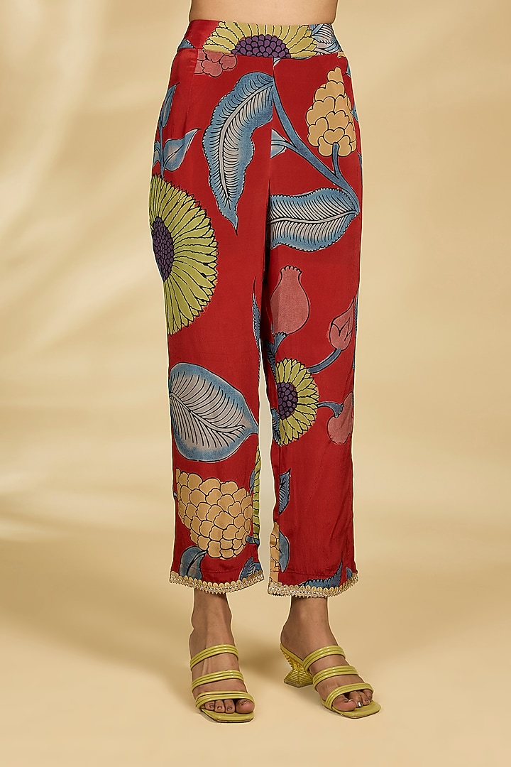 Red Viscose Kalamkari Printed A-Line Kurta Set by Kisneel by Pam at Pernia's Pop Up Shop