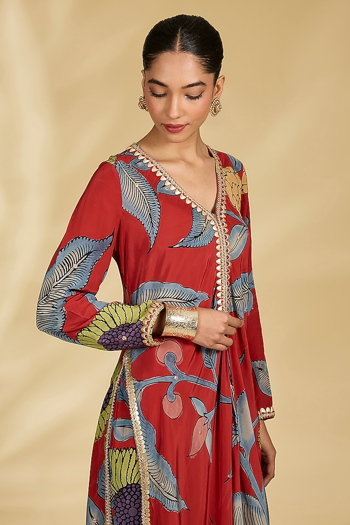 Red Viscose Kalamkari Printed A-Line Kurta Set by Kisneel by Pam at Pernia's Pop Up Shop