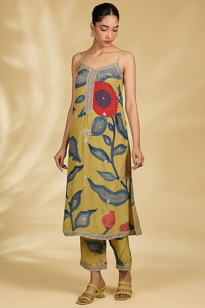 Mustard Viscose Kalamkari Jacket Set by Kisneel by Pam at Pernia's Pop Up Shop