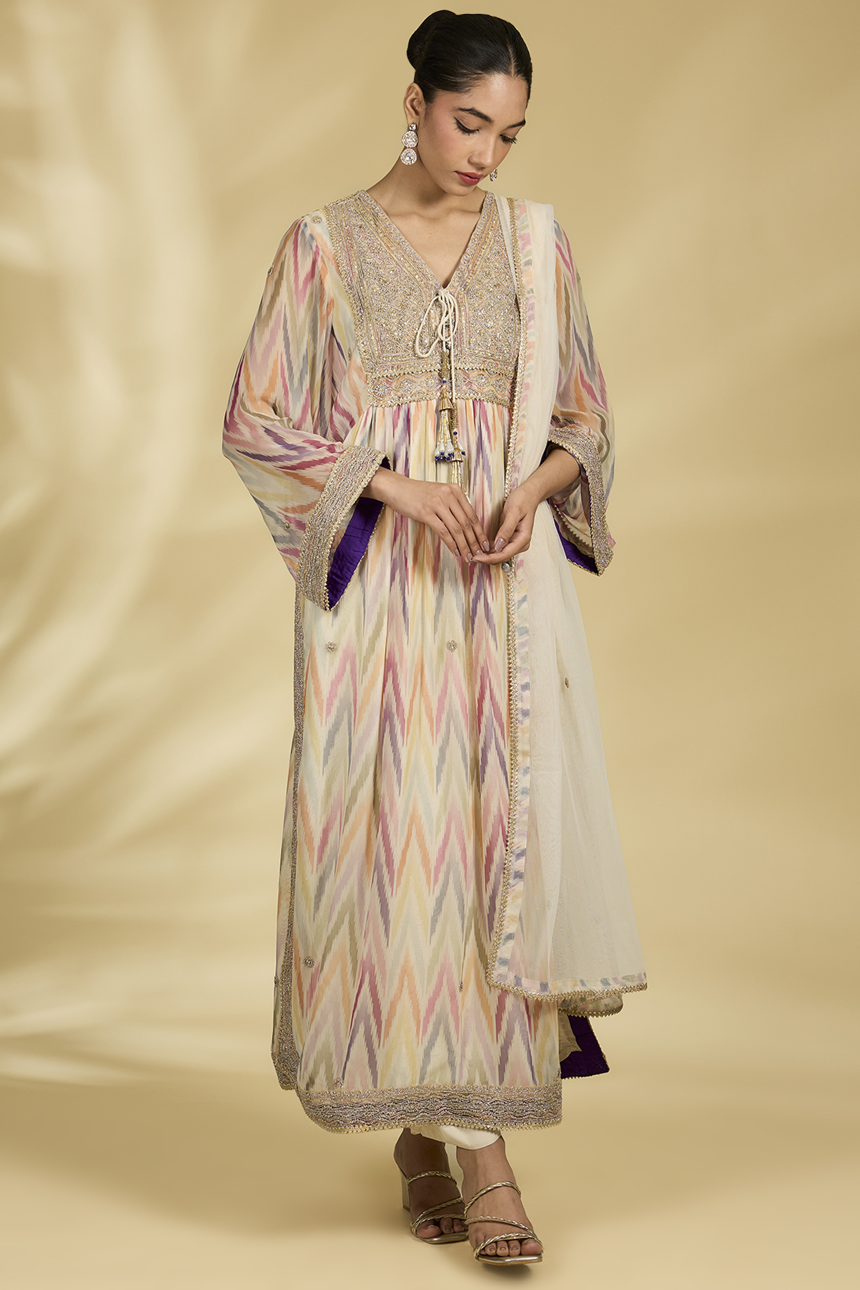 Ivory Chiffon Ikkat Printed Kurta Set by Kisneel by Pam at Pernia's Pop Up Shop