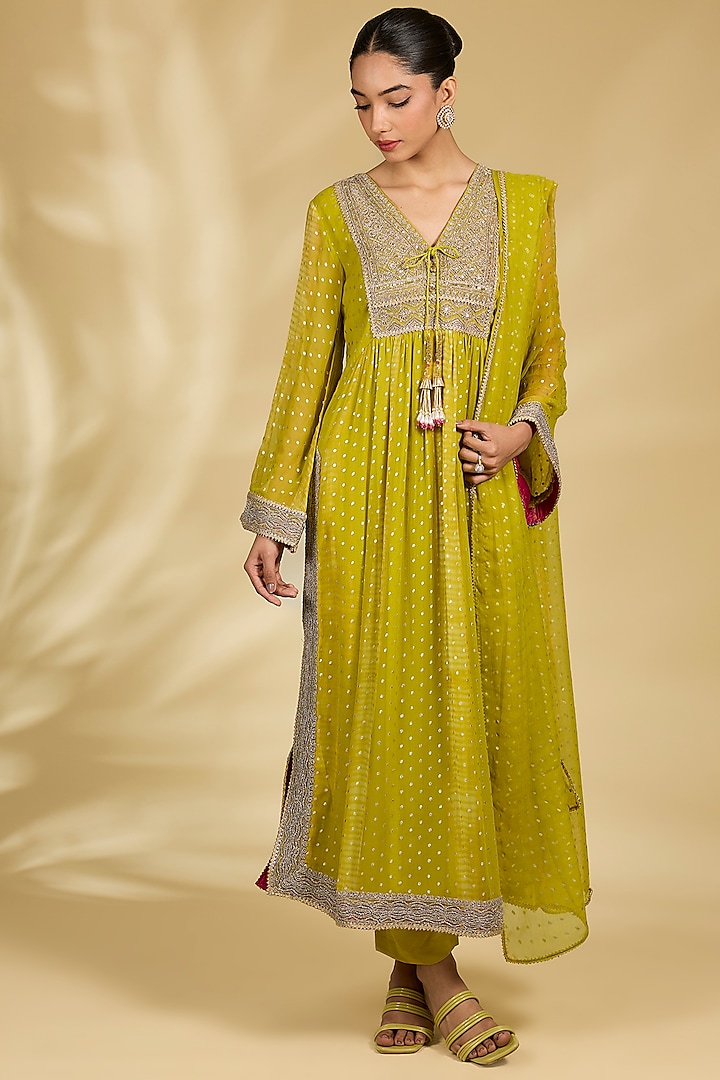 Lime Green Chiffon Kurta Set by Kisneel by Pam at Pernia's Pop Up Shop