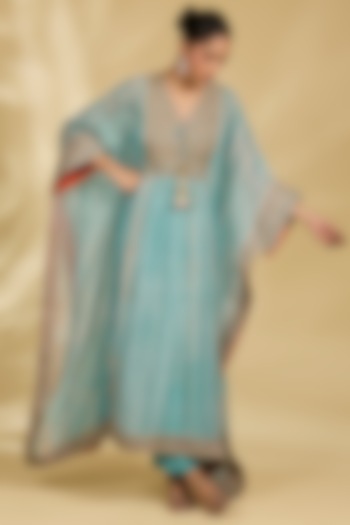 Aqua & Rust Orange Organza Kaftan Set by Kisneel by Pam at Pernia's Pop Up Shop