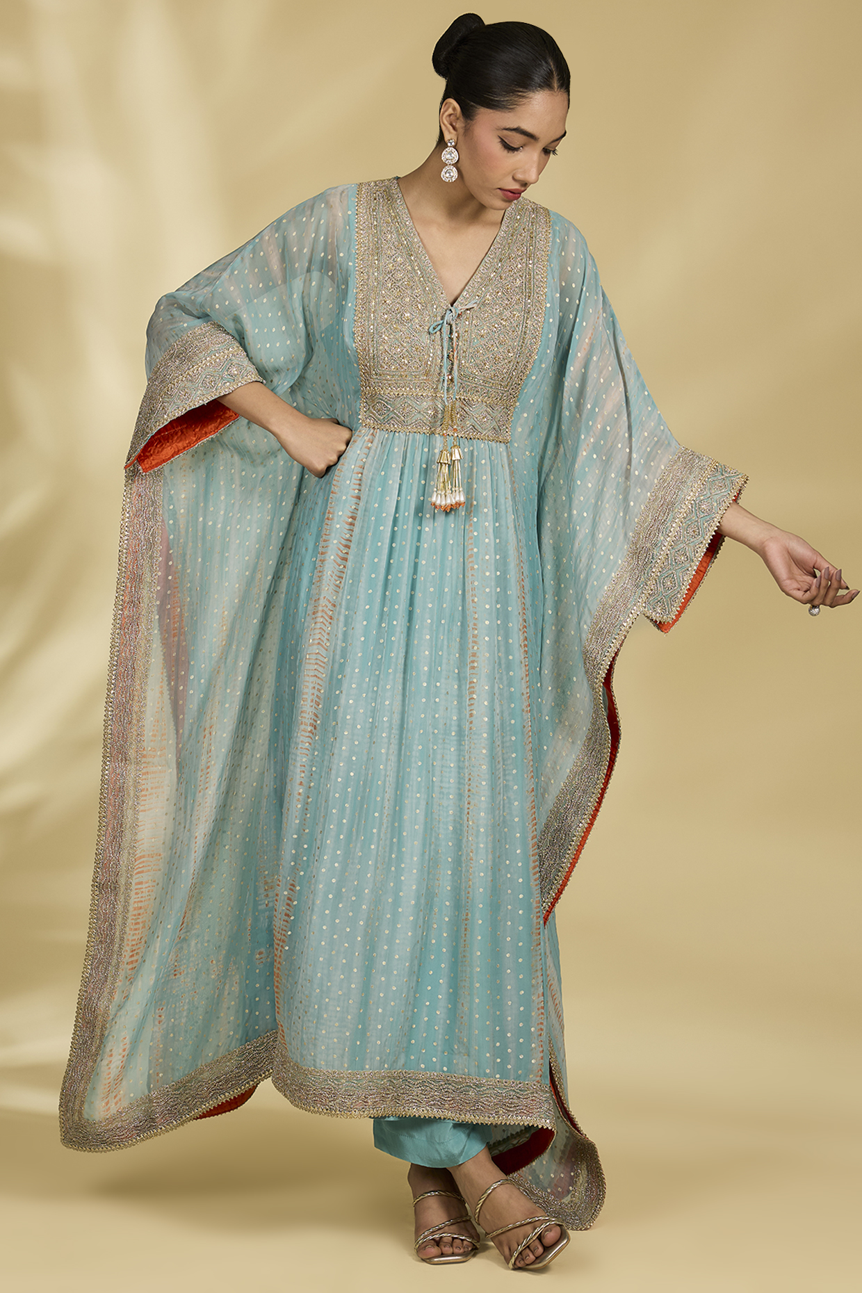 Aqua & Rust Orange Organza Kaftan Set by Kisneel by Pam at Pernia's Pop Up Shop