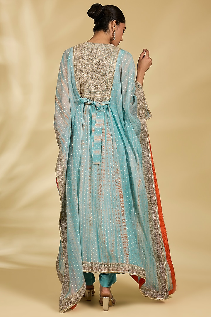 Aqua & Rust Orange Organza Kaftan Set by Kisneel by Pam at Pernia's Pop Up Shop