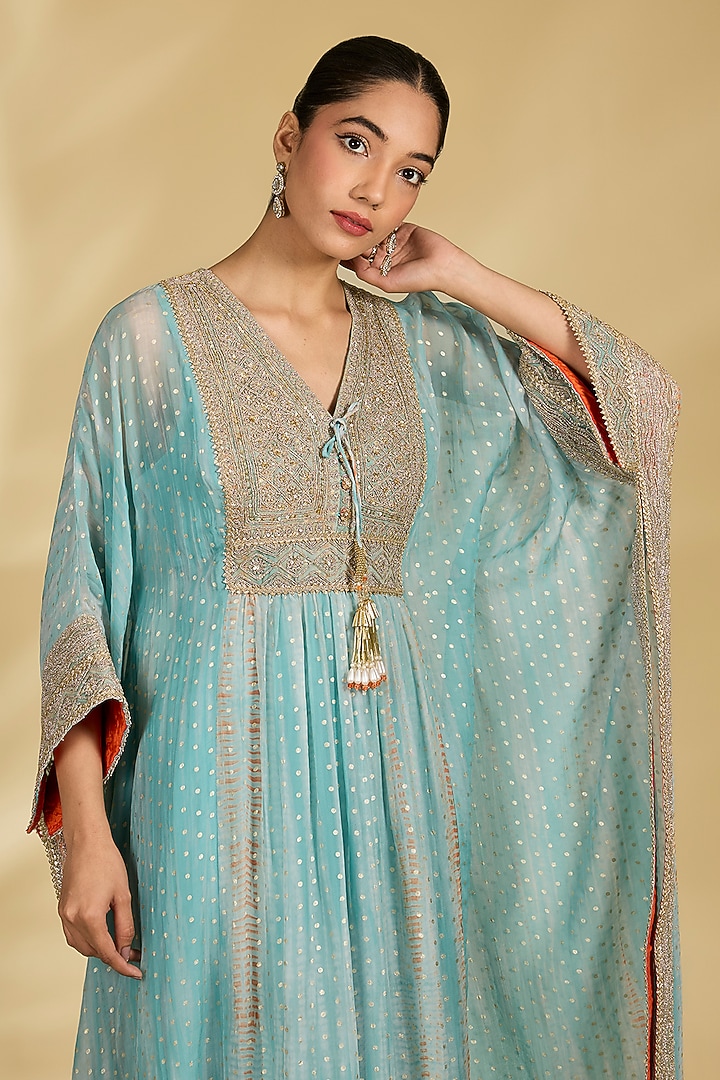 Aqua & Rust Orange Organza Kaftan Set by Kisneel by Pam at Pernia's Pop Up Shop