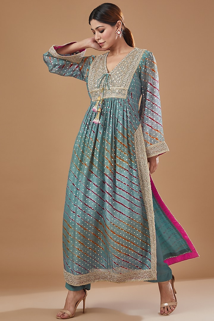 Blue Organza Embroidered Kurta Set by Kisneel by Pam at Pernia's Pop Up Shop